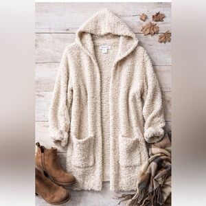 Rachel Zoe Teddy Cardigan Sweater Hooded Open Front Cream Boucle Women L Cozy
